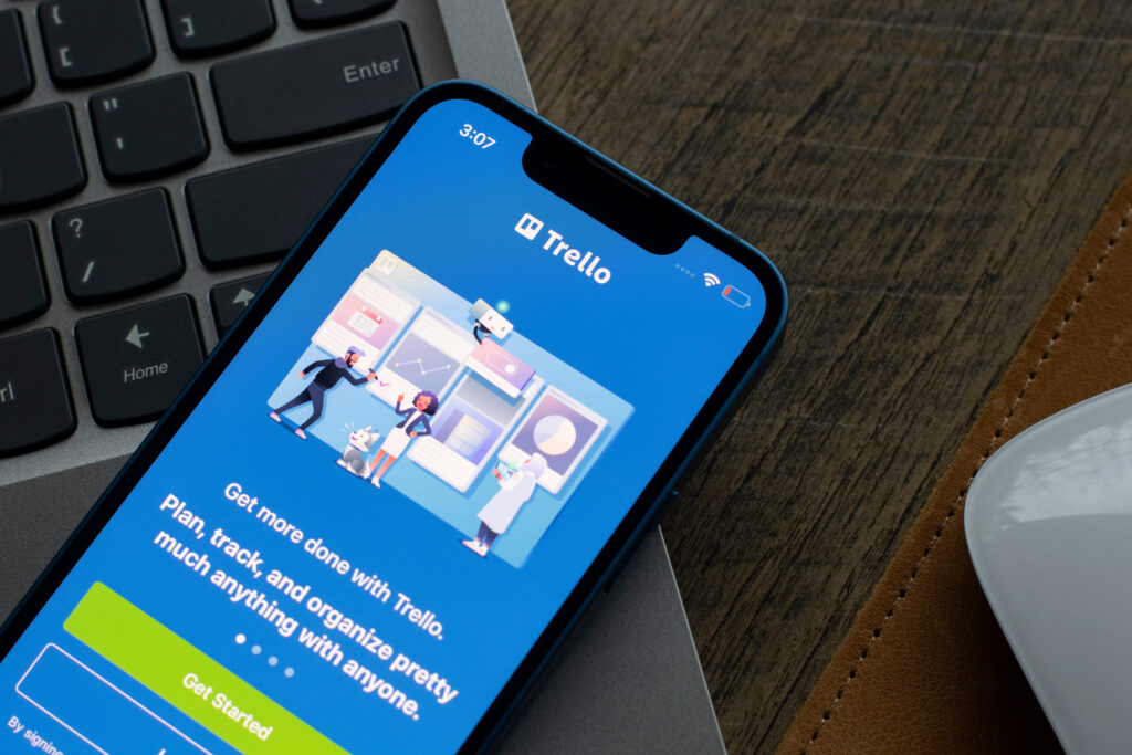 Trello mobile app login page is seen on an iPhone